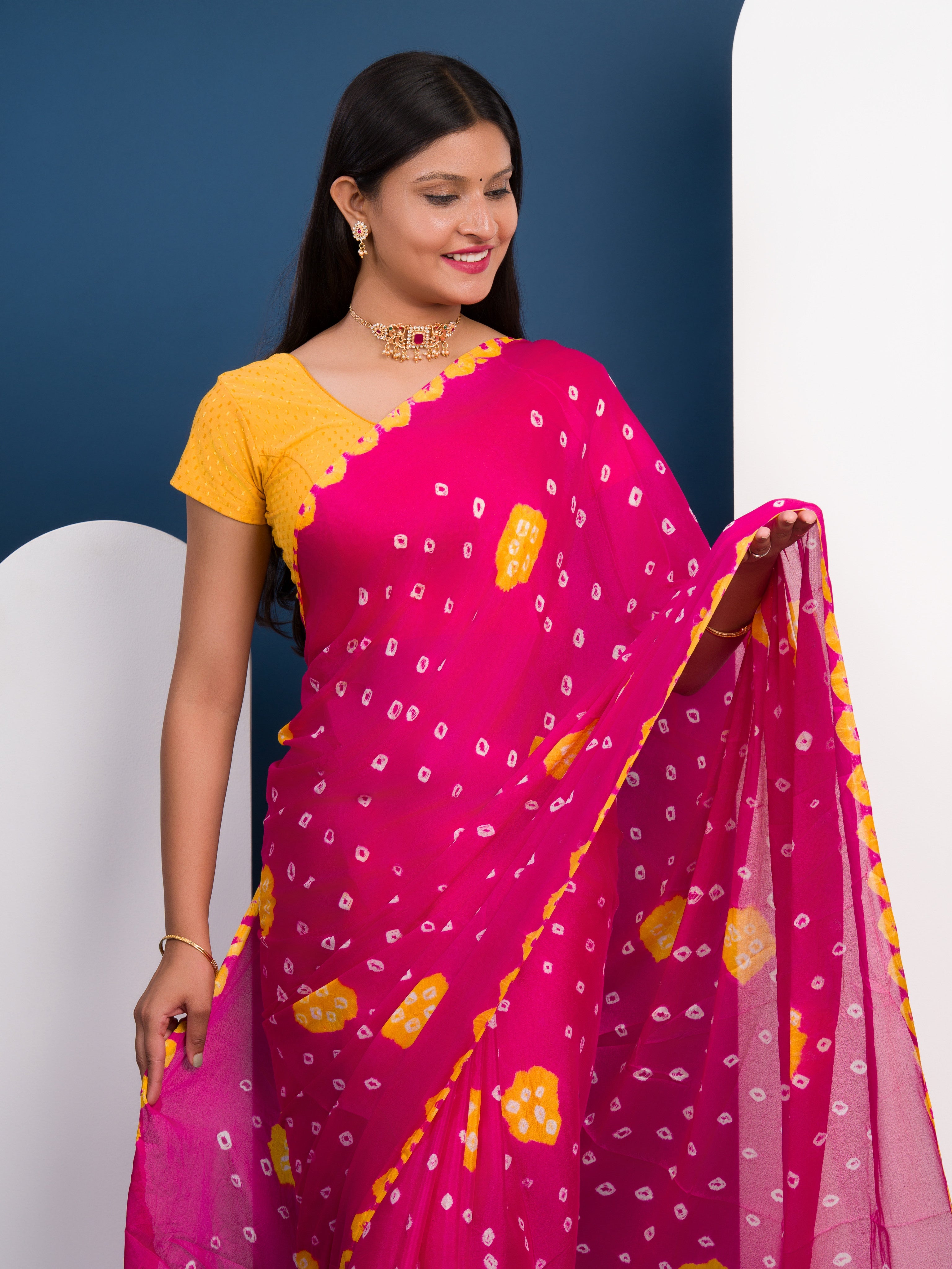Tanmira New Beautiful Chinon Silk Bandhani Style Saree SUL
