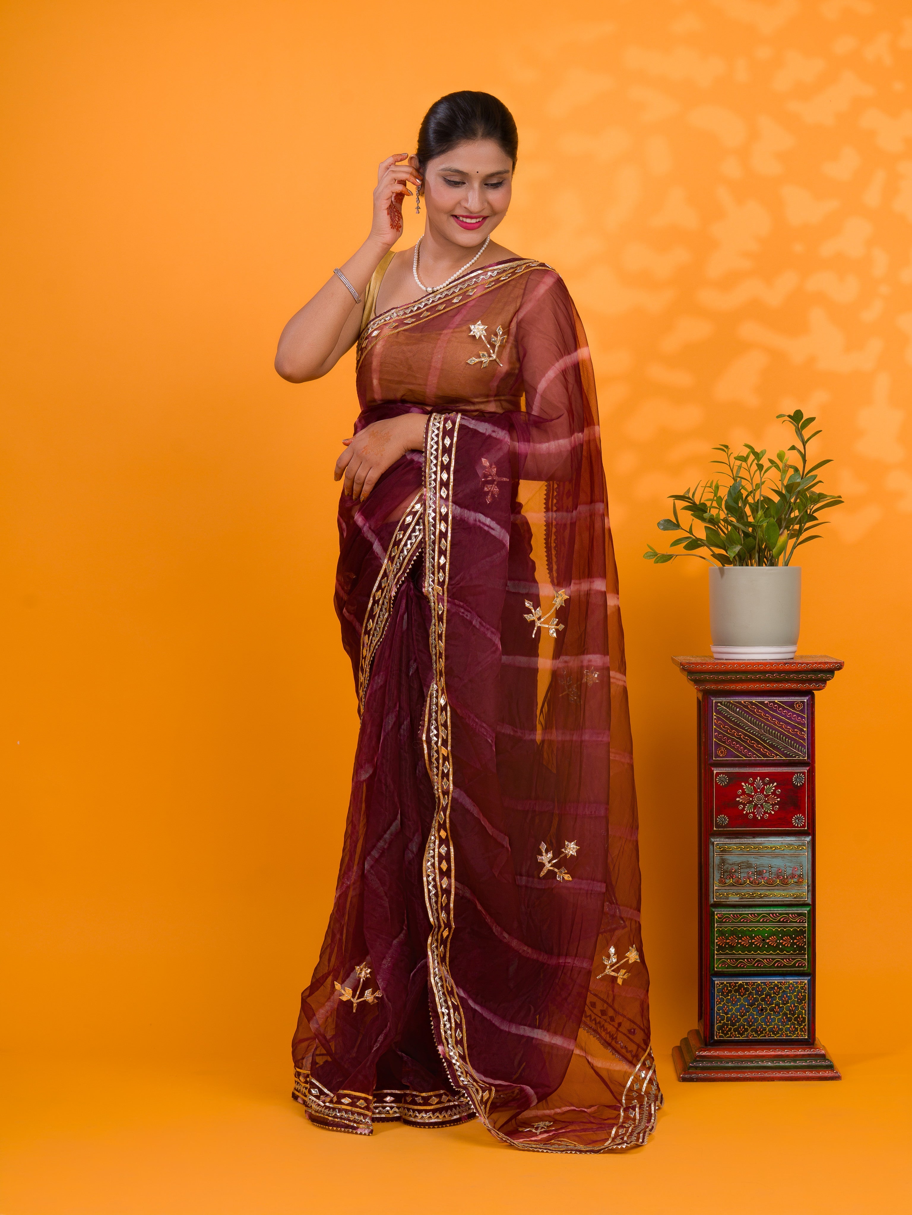 Tanmira New Launch Organza Leheriya Style With Gotapatti Work Saree MHS