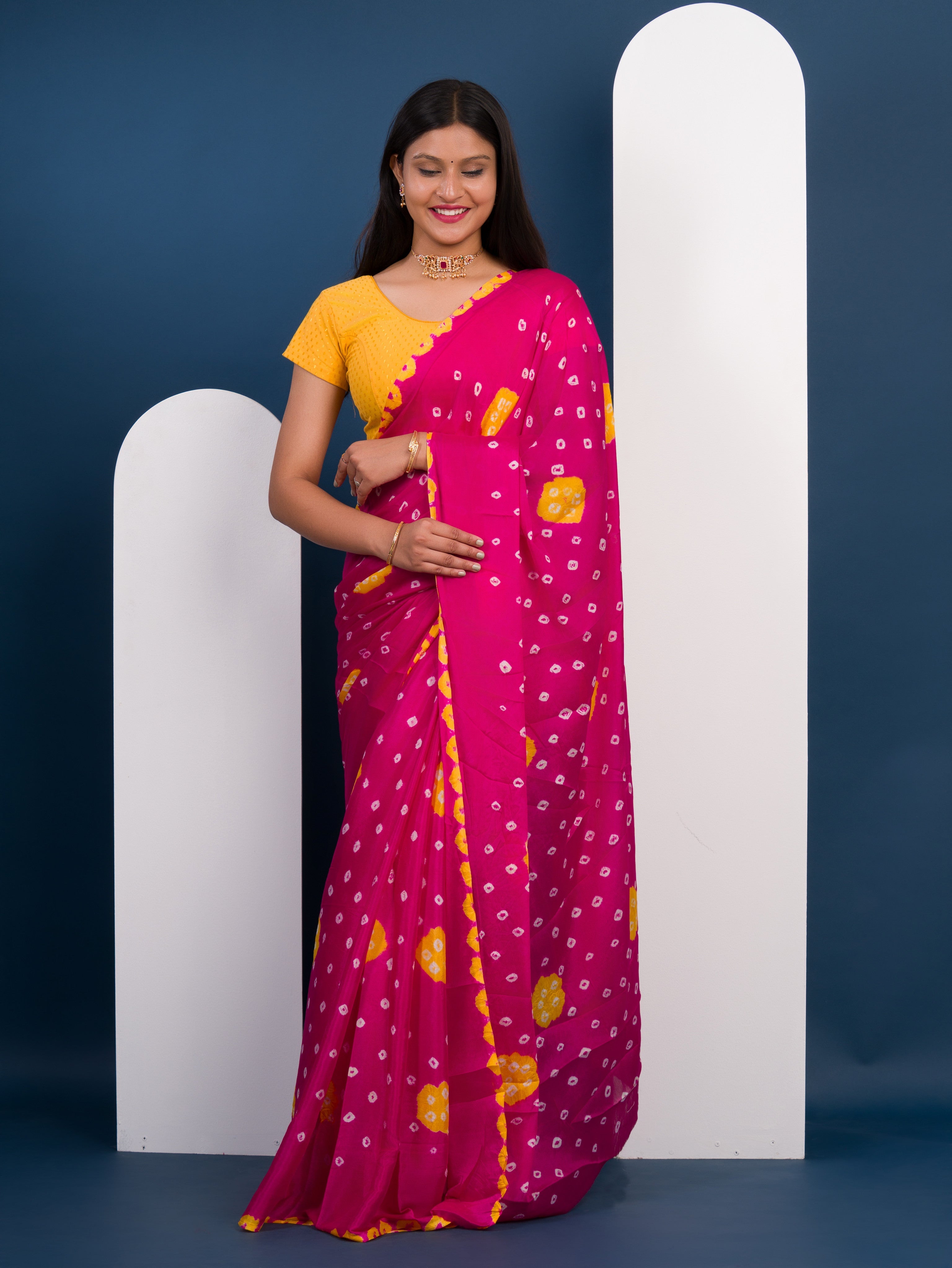 Tanmira New Beautiful Chinon Silk Bandhani Style Saree SUL