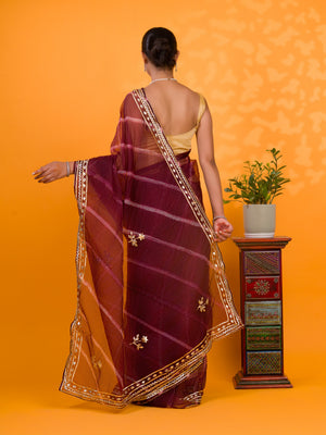 Wine saree with gold borde Organza Leheriya Style With Gotapatti Work