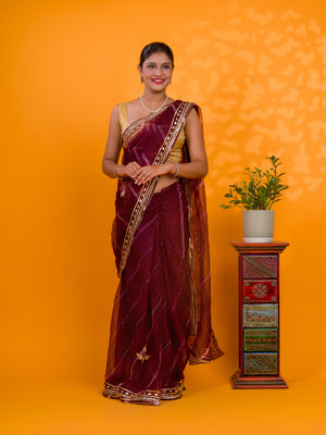 Wine saree with gold borde Organza Leheriya Style With Gotapatti Work