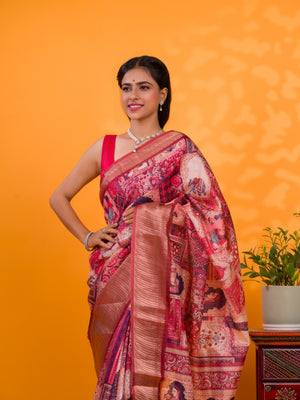 A saree with a kalamkari style pattern in maroon colors, with zari weaving and a Banarasi border. under 1000