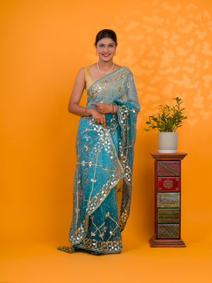 Blue saree with gold embroidery Chiffon Bandhani Style With Gotapatti Work Saree