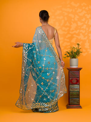 Blue saree with gold embroidery Chiffon Bandhani Style With Gotapatti Work Saree
