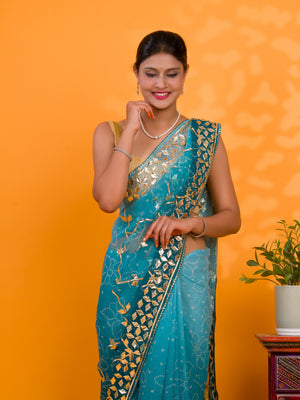Blue saree with gold embroidery Chiffon Bandhani Style With Gotapatti Work Saree