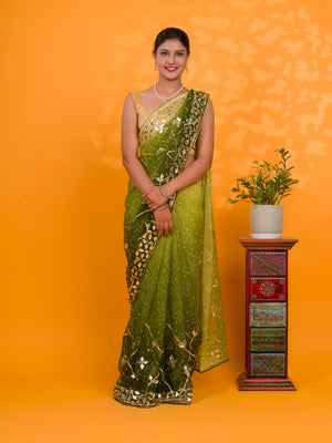 Chiffon Bandhani Style With Gotapatti Work Saree in green colour