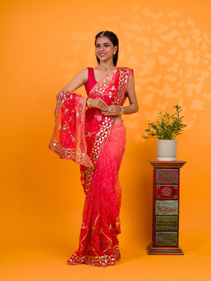 Bright red saree with gold patterns Chiffon Bandhani Style With Gotapatti Work Saree
