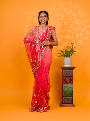 Bright red saree with gold patterns Chiffon Bandhani Style With Gotapatti Work Saree
