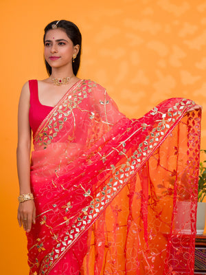 Bright red saree with gold patterns Chiffon Bandhani Style With Gotapatti Work Saree