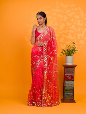 Bright red saree with gold patterns Chiffon Bandhani Style With Gotapatti Work Saree