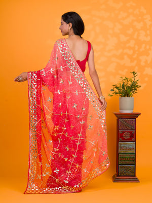 Bright red saree with gold patterns Chiffon Bandhani Style With Gotapatti Work Saree