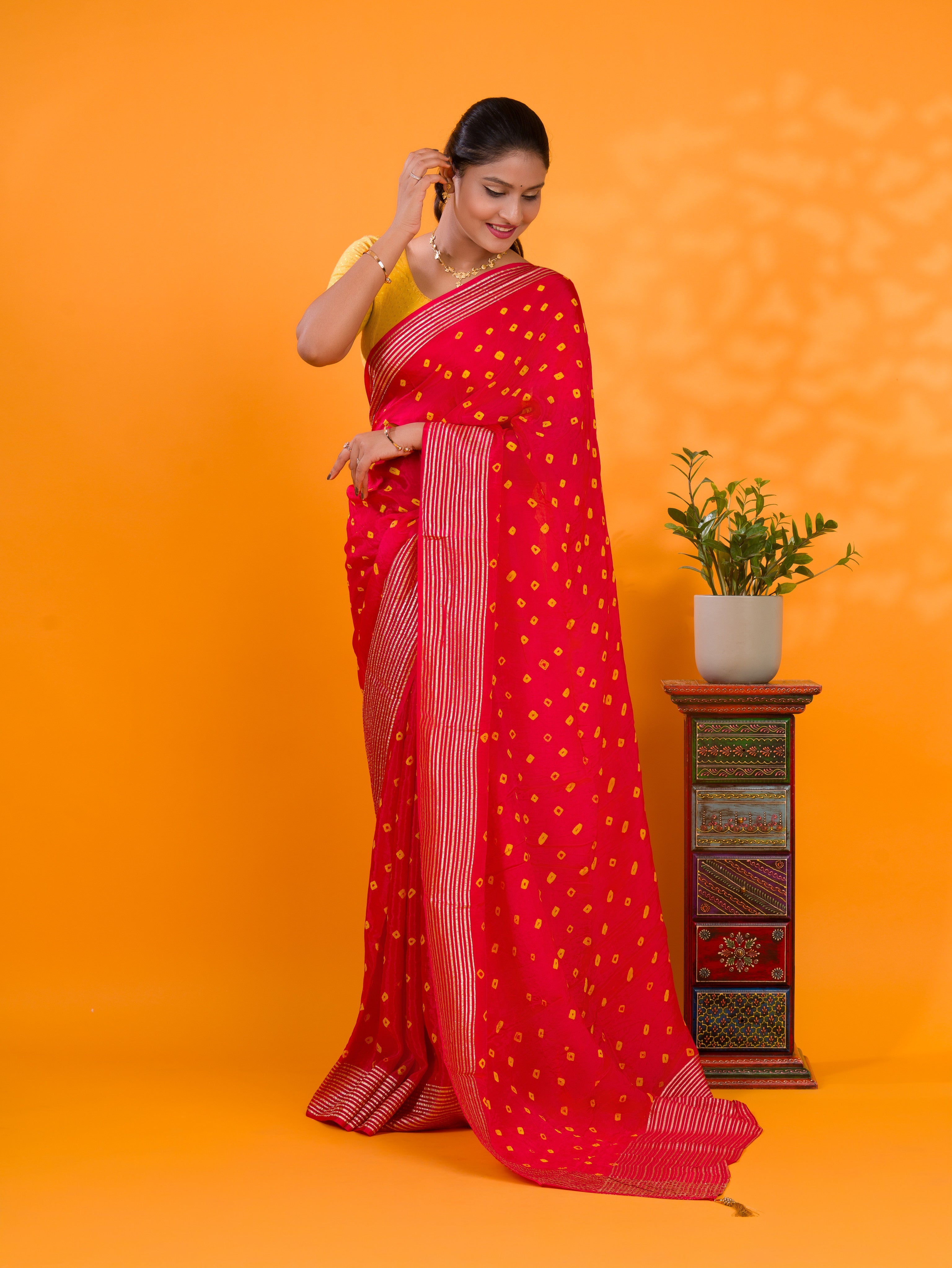 Tanmira Latest Chinon Silk Bandhani with Zari Border Saree Chand