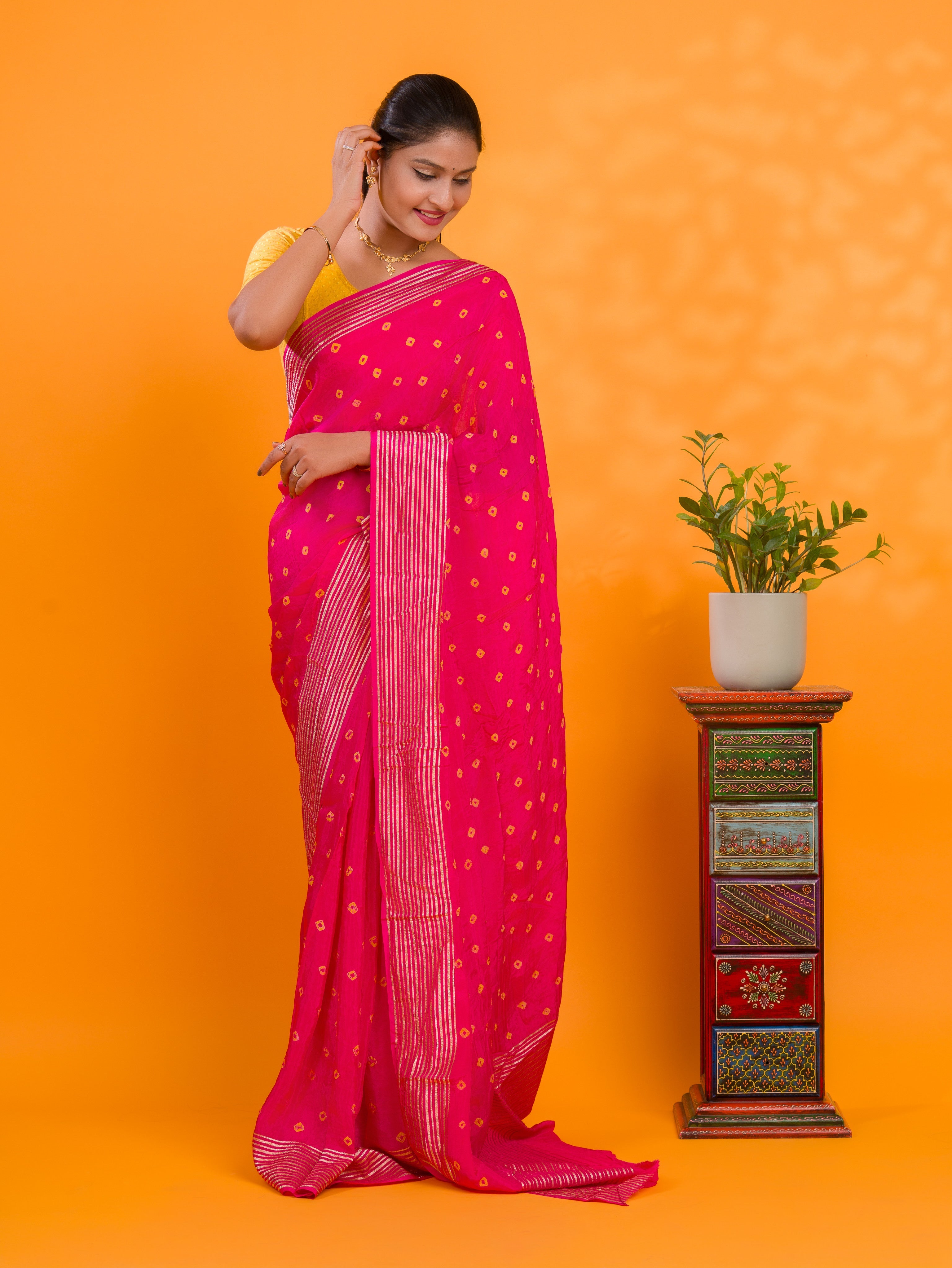 Tanmira Latest Chinon Silk Bandhani with Zari Border Saree Chand