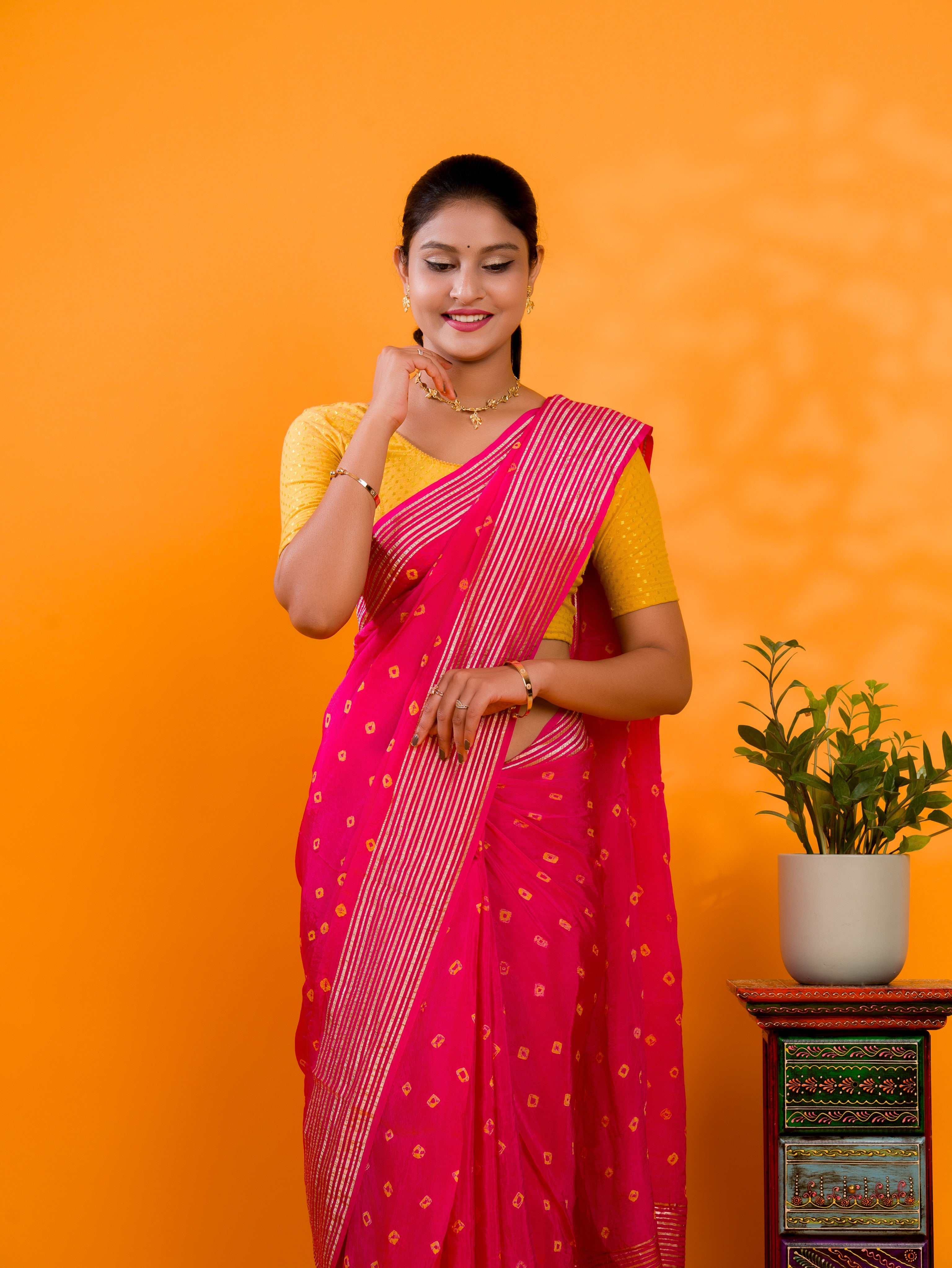 Tanmira Latest Chinon Silk Bandhani with Zari Border Saree Chand