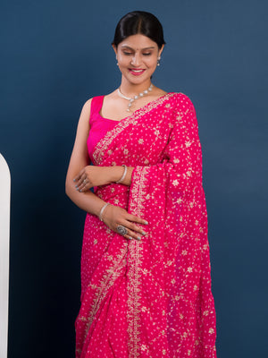 Georgette Bandhani With Pitan Gotapatti Work Saree in pink colour