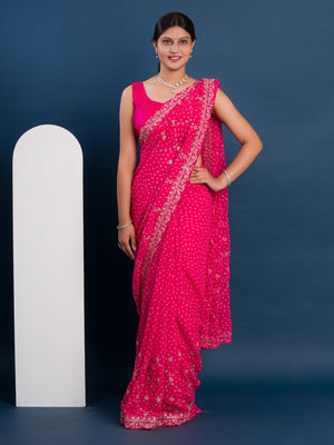 Georgette Bandhani With Pitan Gotapatti Work Saree in pink colour