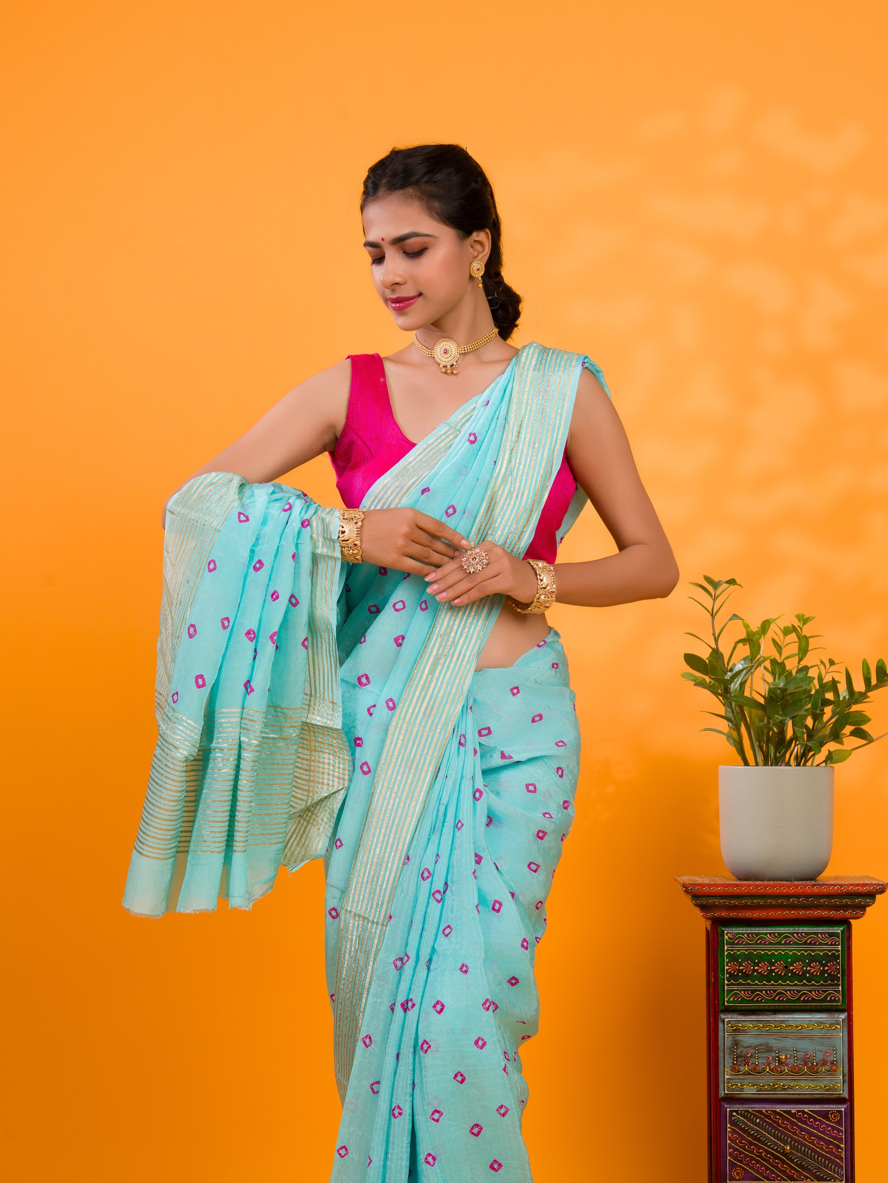 Tanmira Latest Chinon Silk Bandhani with Zari Border Saree Chand