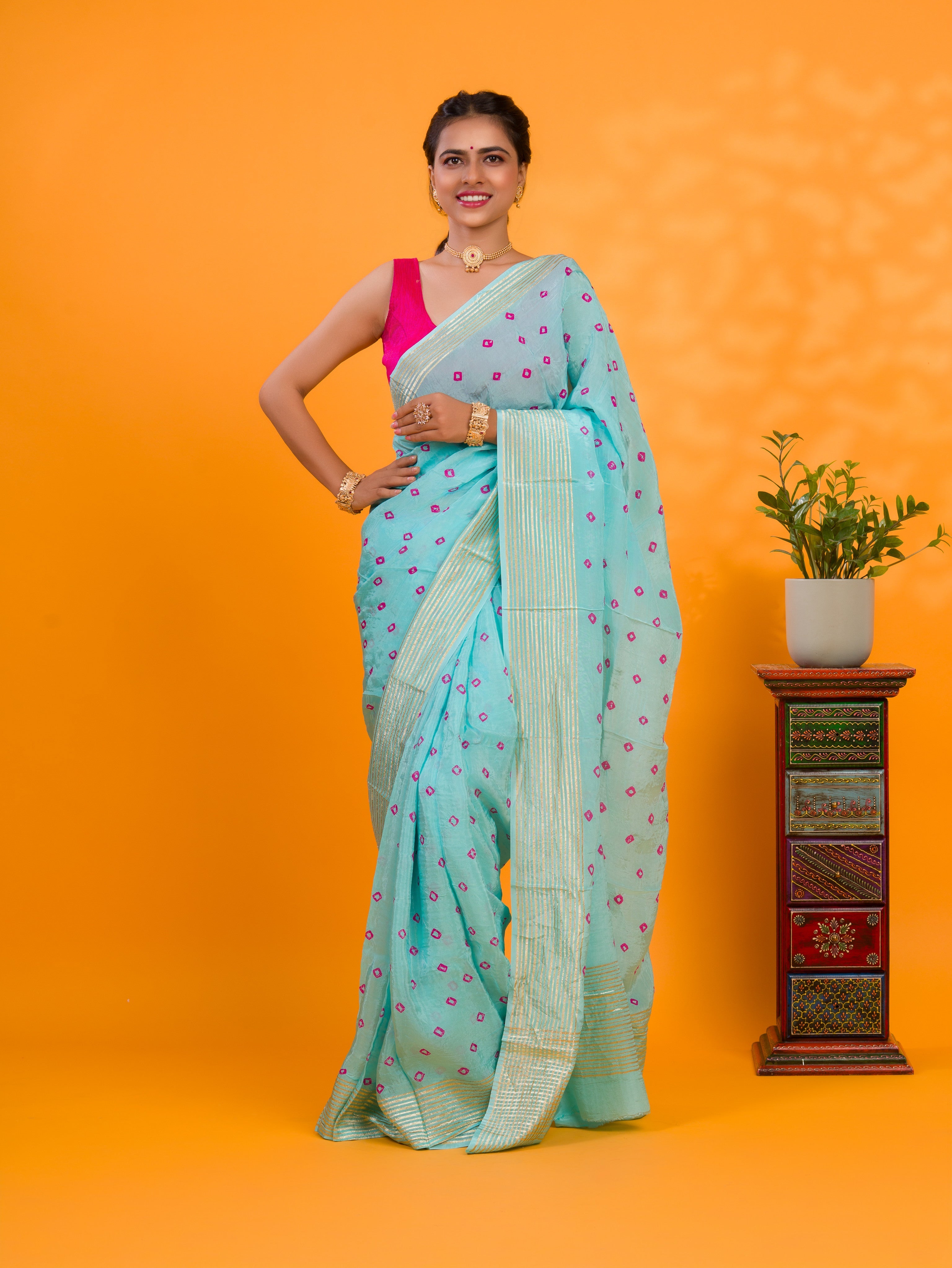 Tanmira Latest Chinon Silk Bandhani with Zari Border Saree Chand