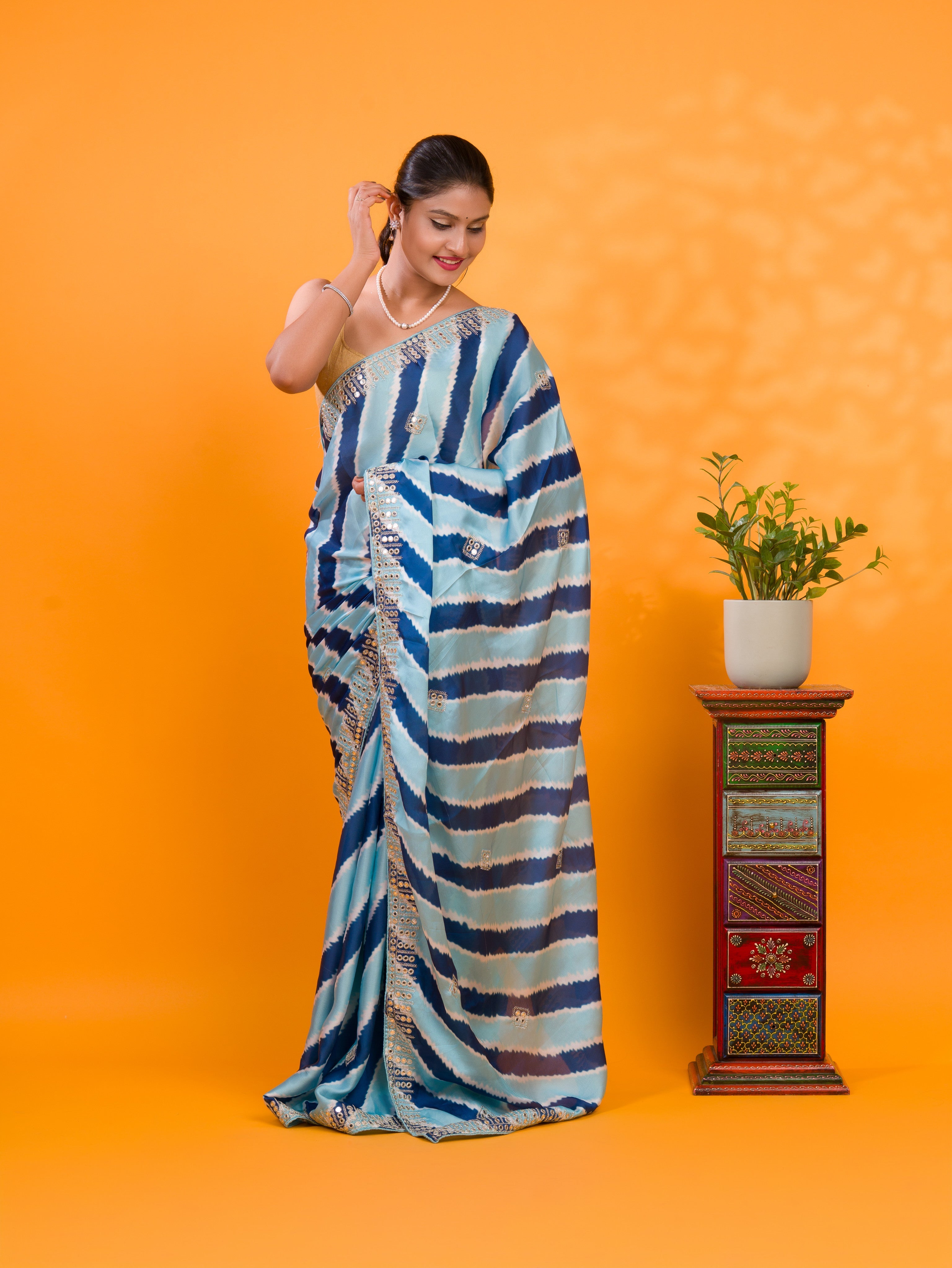 Tanmira Traditional H O Silk Leheriya Saree with Shimmering Mirror embroidery Work GAN