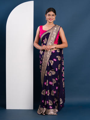 navy blue saree with gold and pink pattern with Bandhani Zari Weaving Work