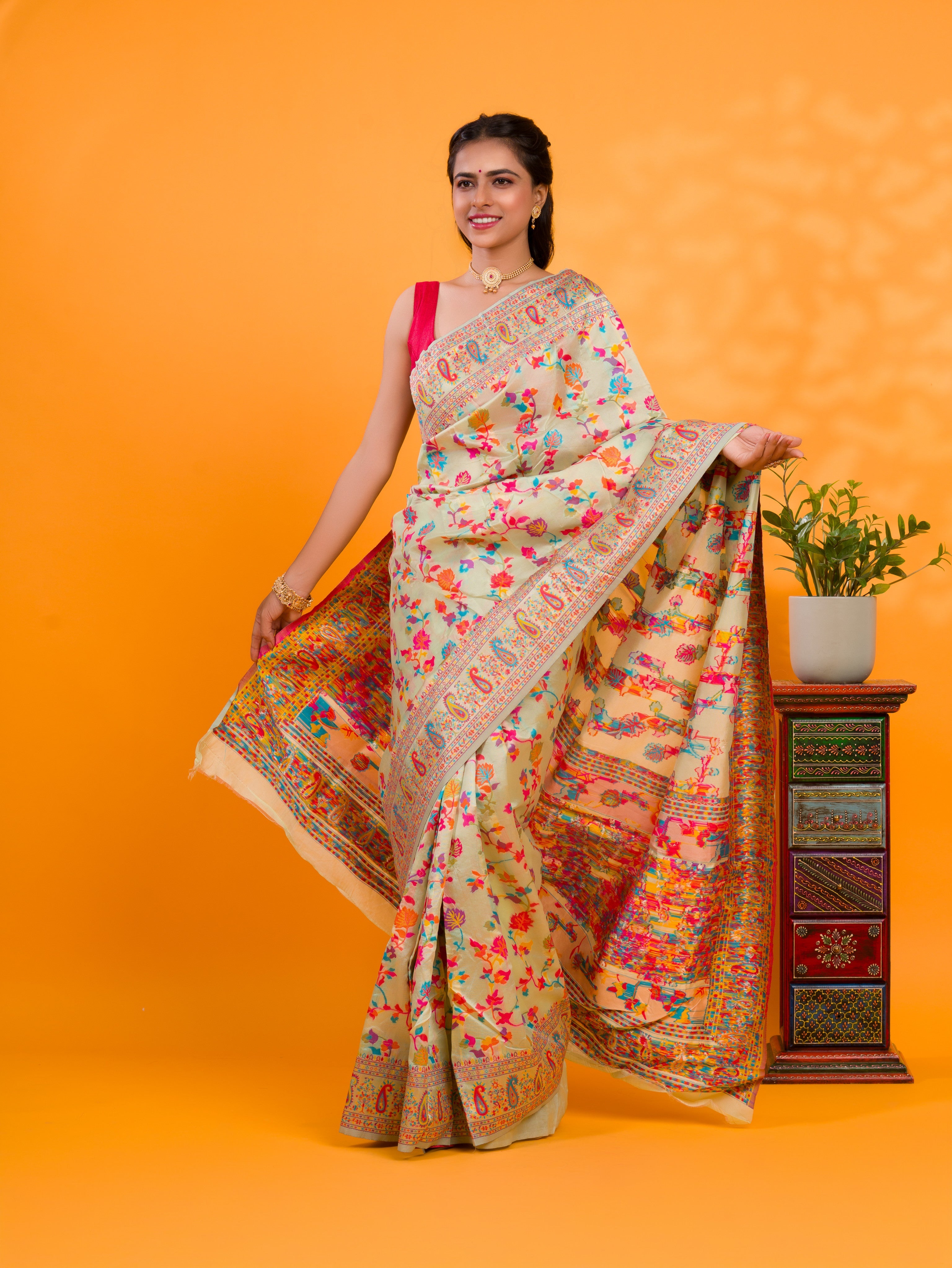 Cotton Silk Kashmiri Style With Meenakari weaving work Saree