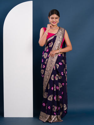navy blue saree with gold and pink pattern with Bandhani Zari Weaving Work