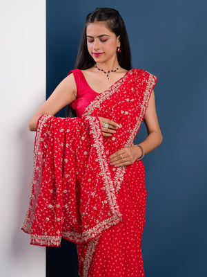 Georgette Bandhani With Pitan Gotapatti Work Saree in red colour