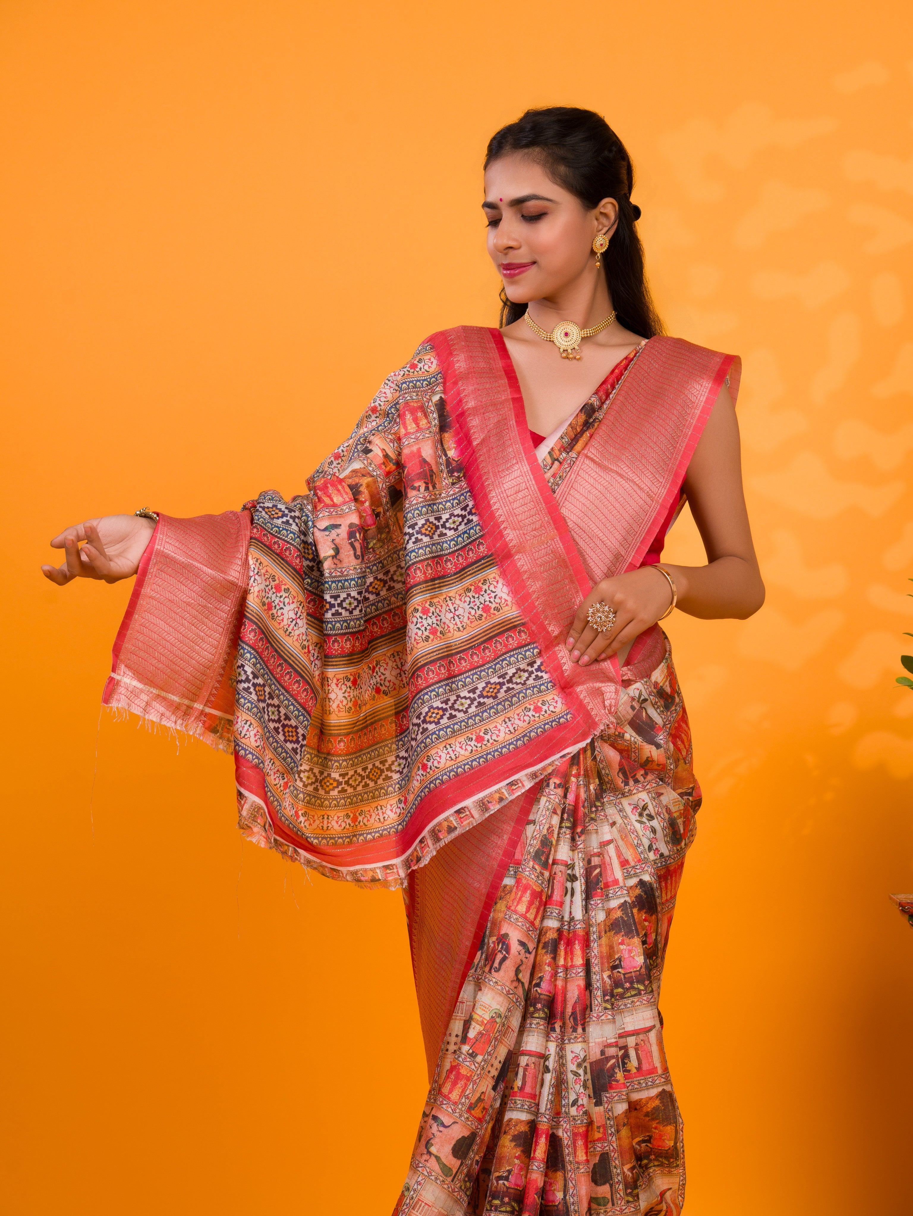 Tanmira New Beautiful Cotton Silk Kalamkari Style Zari Weaving Saree STL