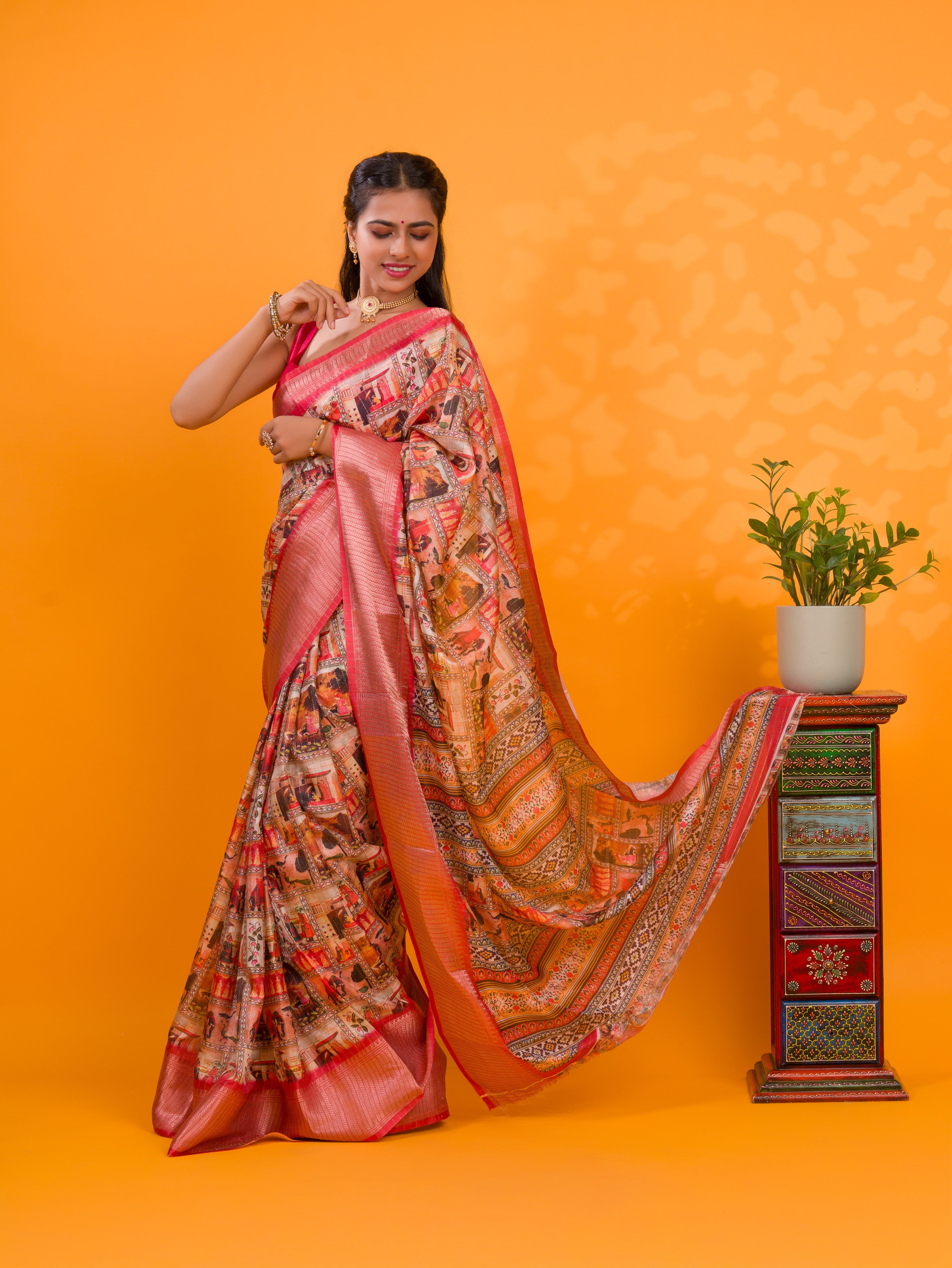 Tanmira New Beautiful Cotton Silk Kalamkari Style Zari Weaving Saree STL