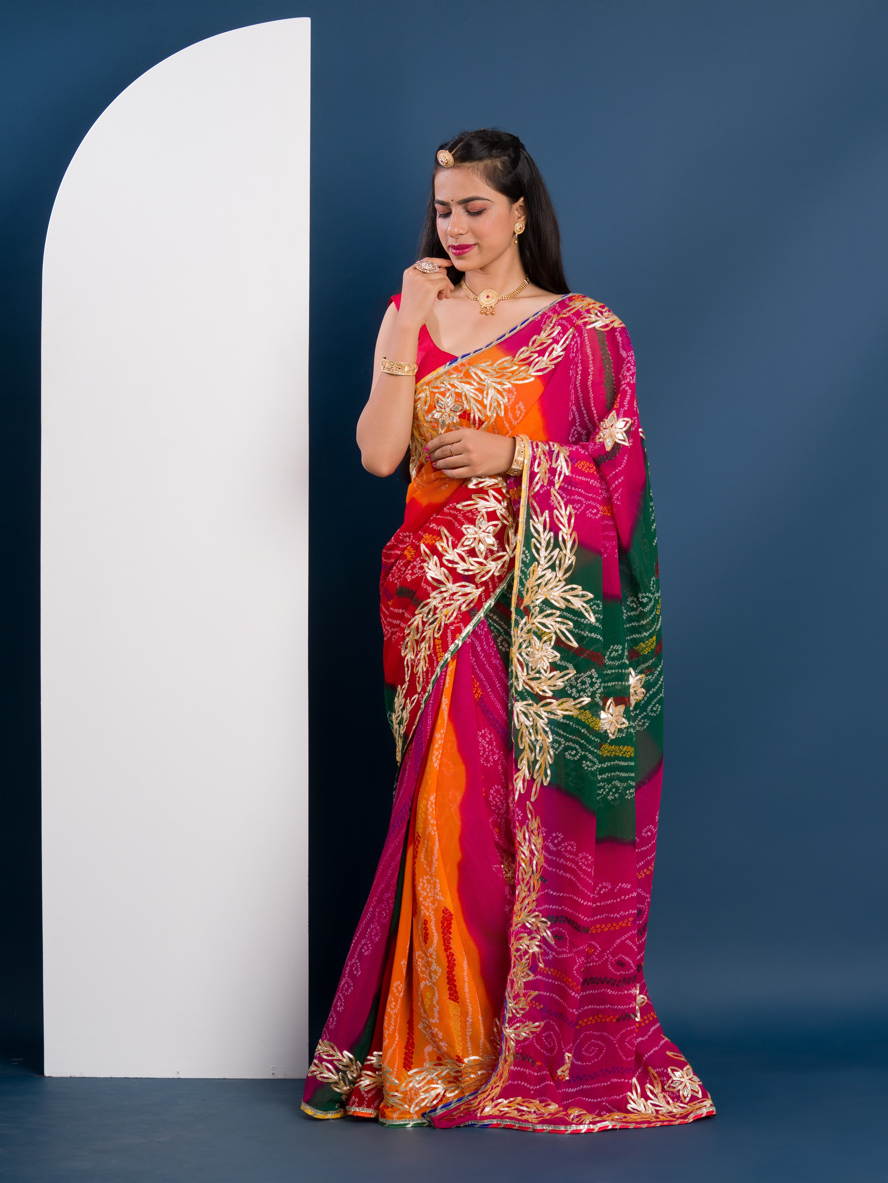 Tanmira Latest Georgette Pachrangi Bandhani Gotapatti Saree MHS