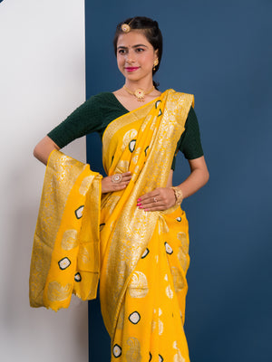 Dola Silk Bandhani Zari Weaving Work Saree in yellow colour