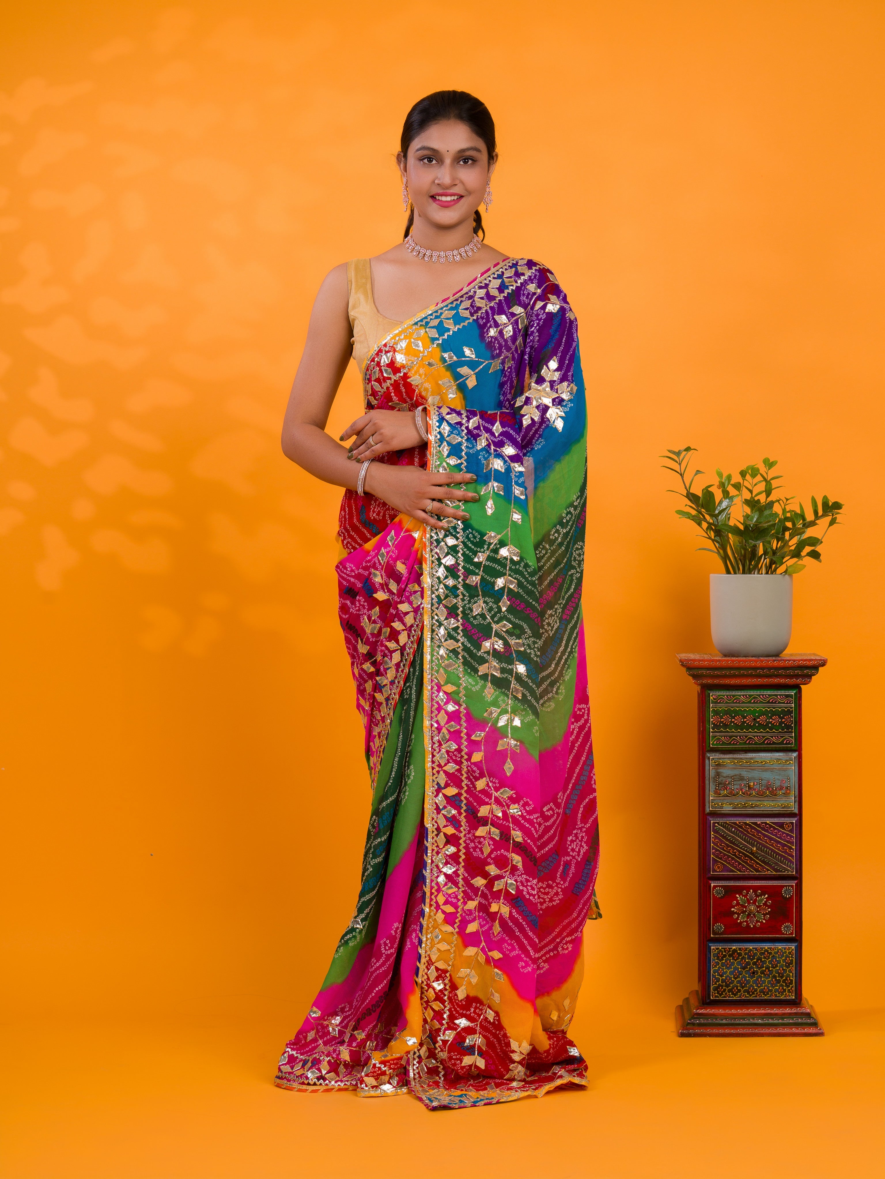 Tanmira Special Pure Georgette Multi Colour Bandhani Leheriya Gotapatti Work Saree MHS