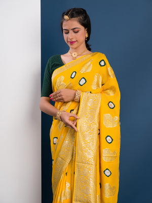 Dola Silk Bandhani Zari Weaving Work Saree in yellow colour