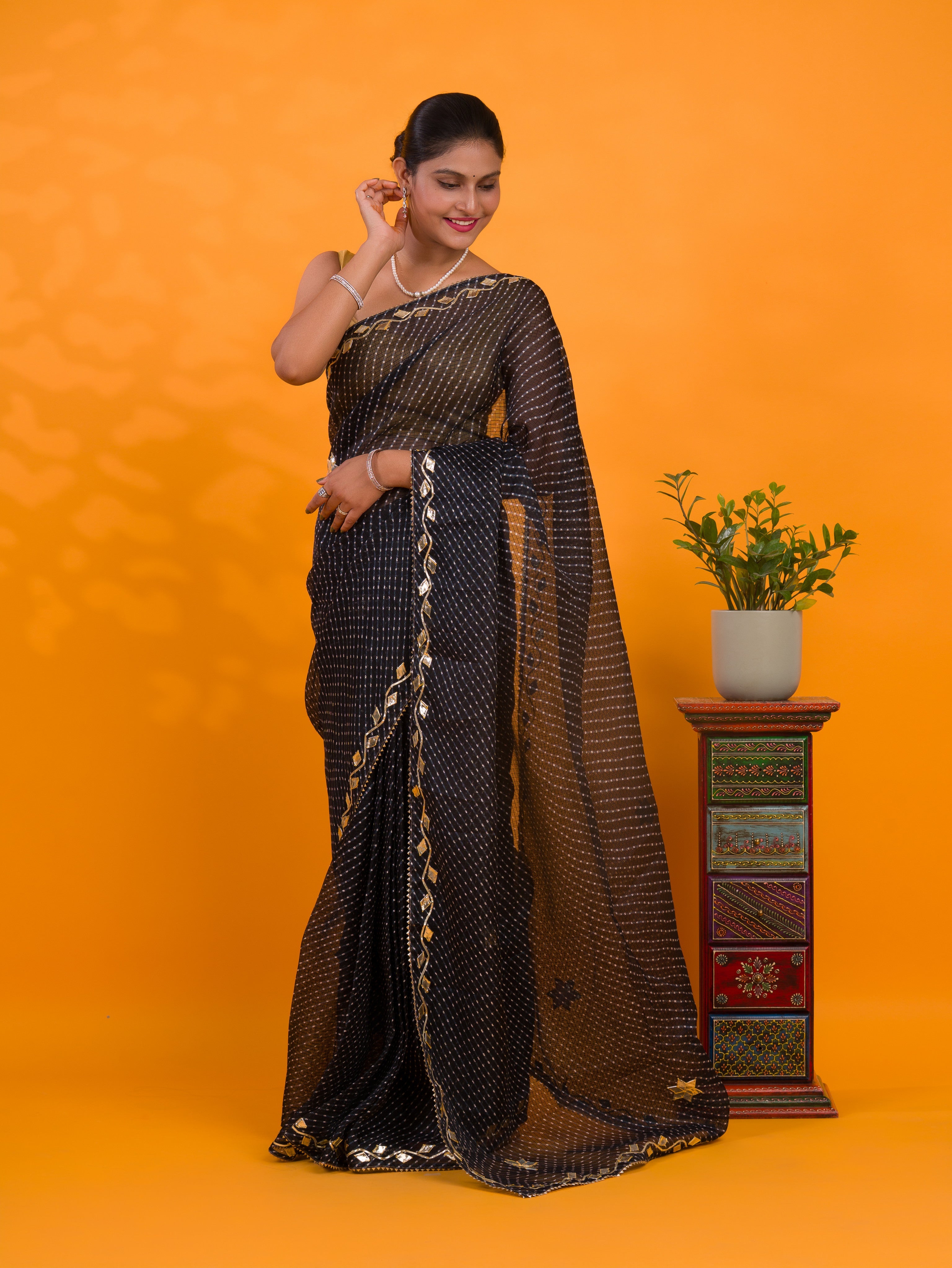 By Leheriya Style With Gotapatti Work Saree