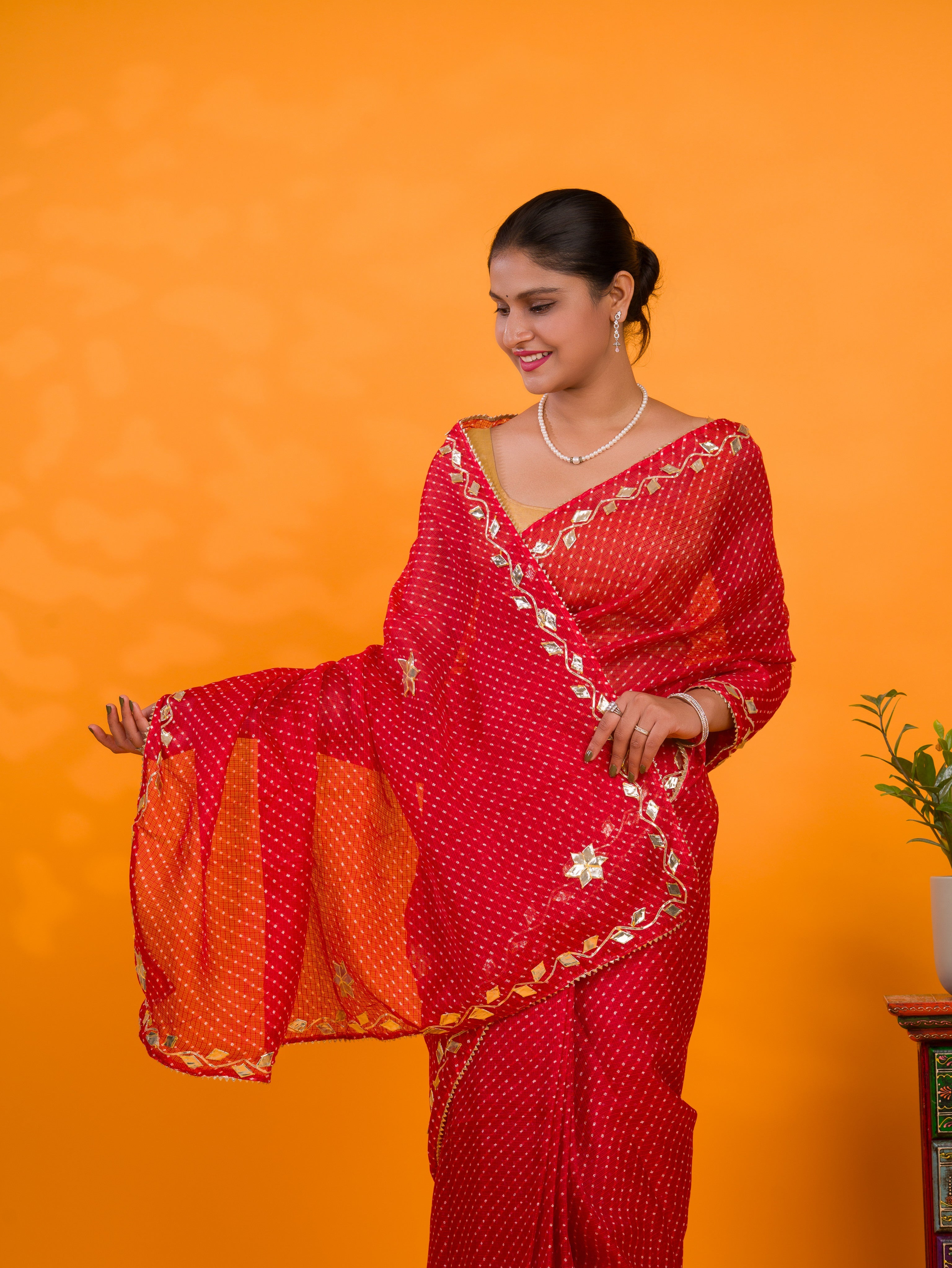 By Leheriya Style With Gotapatti Work Saree