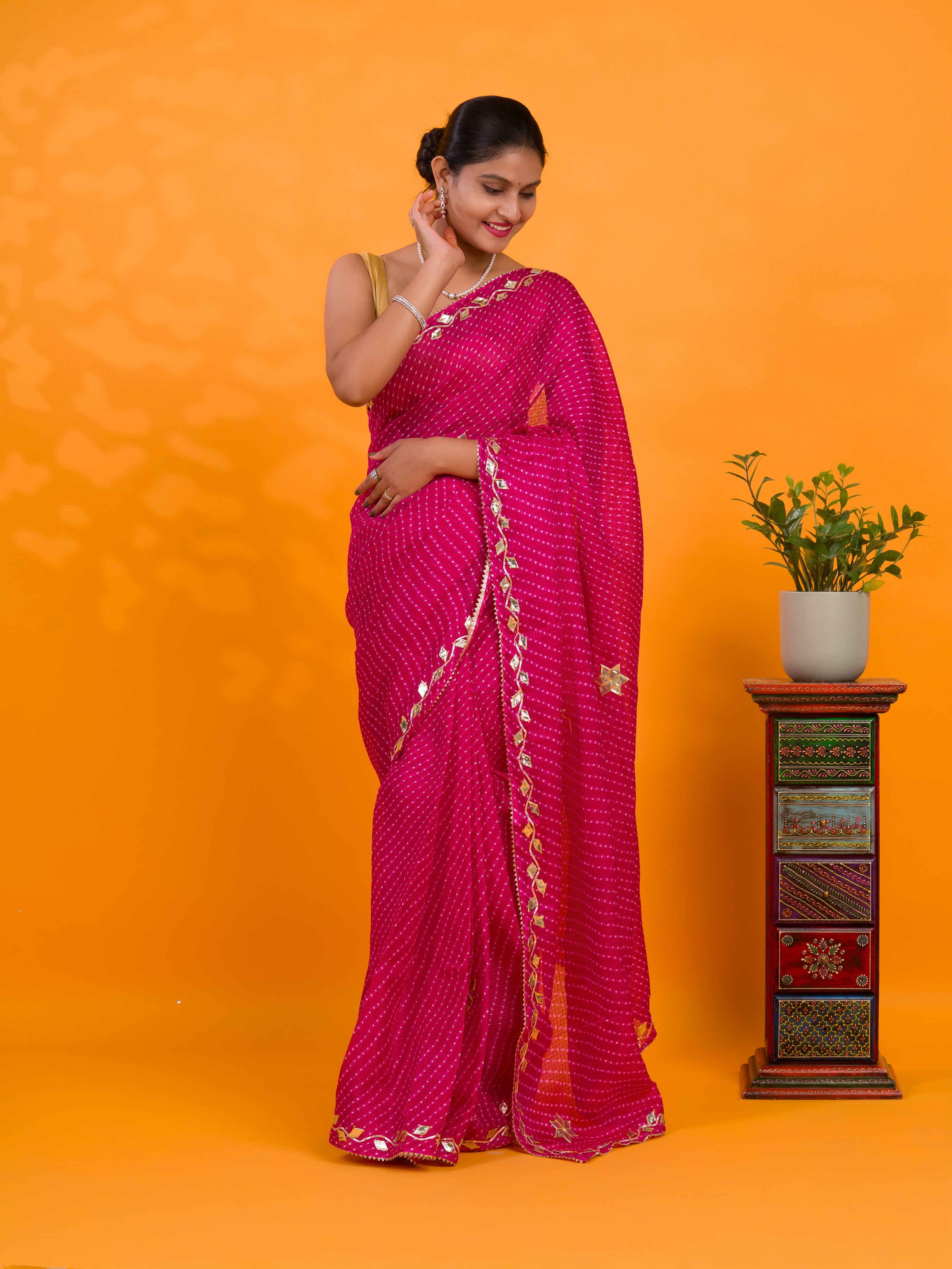 By Leheriya Style With Gotapatti Work Saree