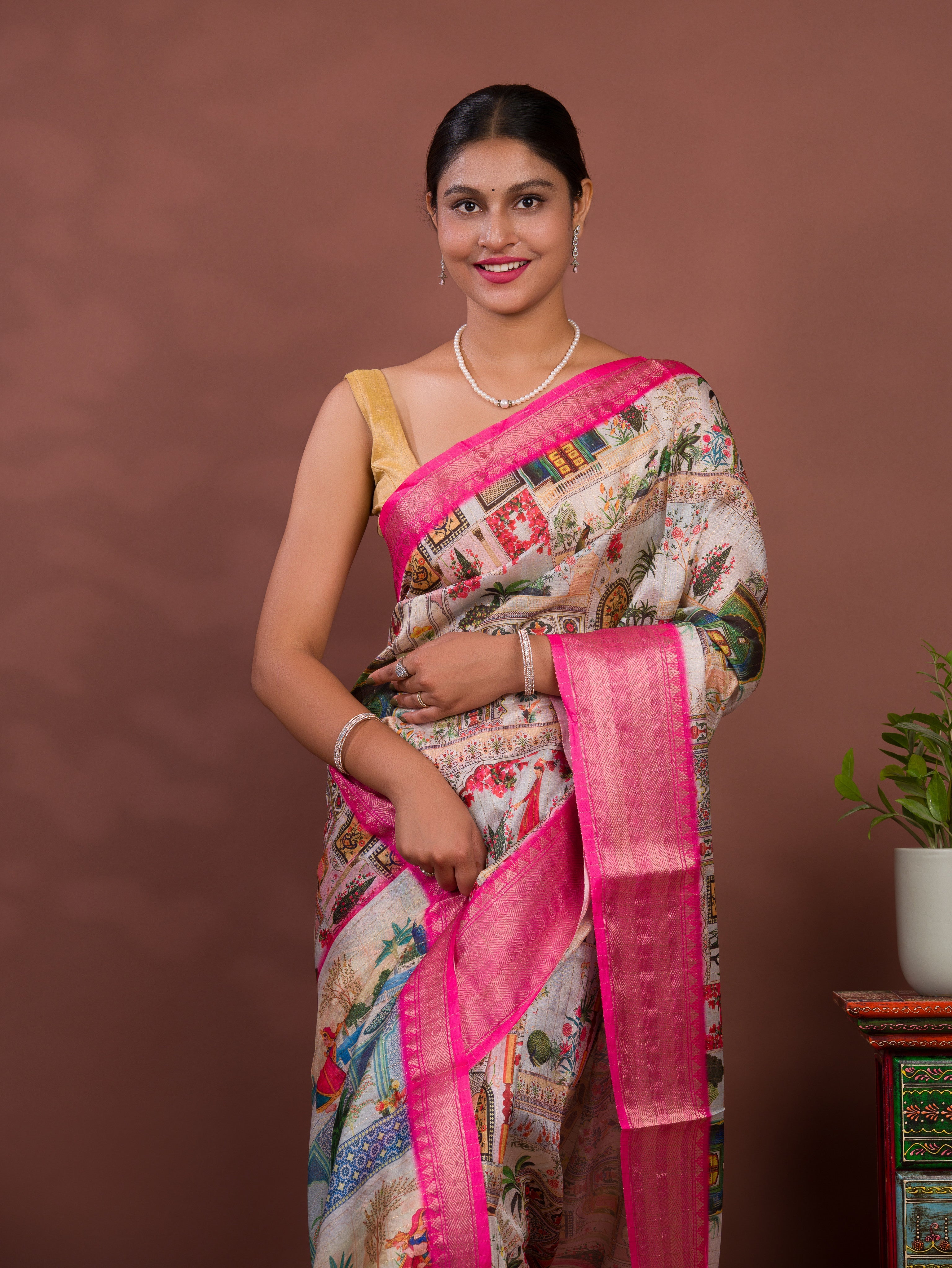 Tanmira New Beautiful Cotton Silk Kalamkari Style Zari Weaving Saree STL