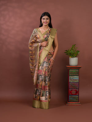 A saree with a kalamkari style pattern in green colors, with zari weaving and a Banarasi border. under 1000