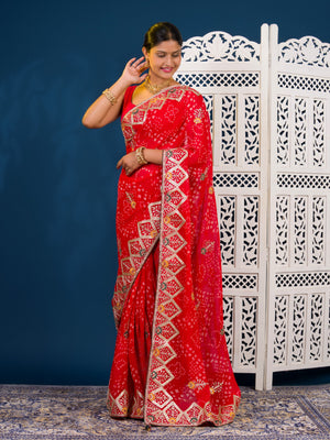 Georgette Bandhani Style Fabric with Sequin Embroidery Work Saree