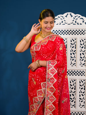 Georgette Bandhani Style Fabric with Sequin Embroidery Work Saree