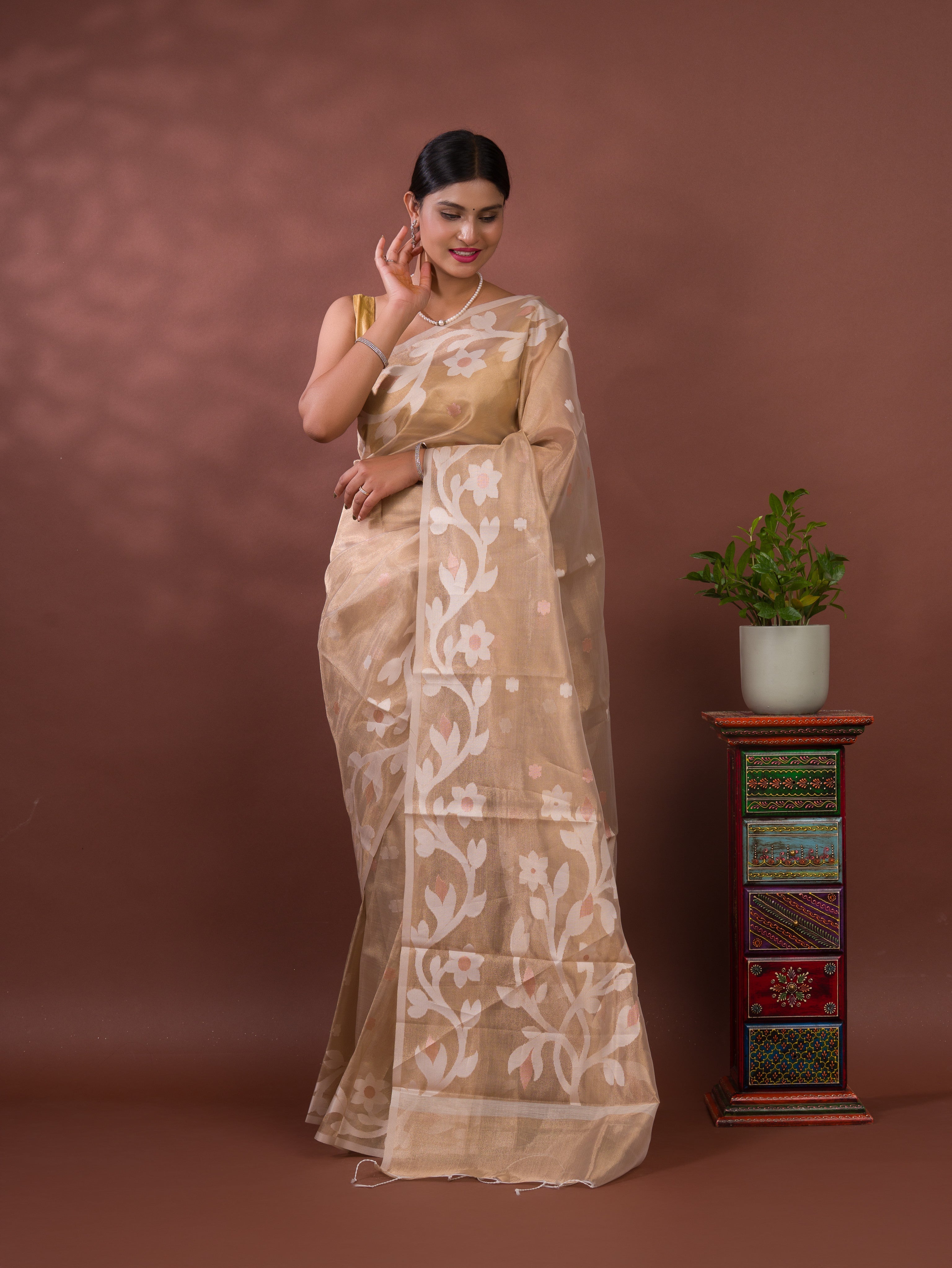 Tanmira New Tissue Silk Banarasi Style Floral Weaving Saree KB