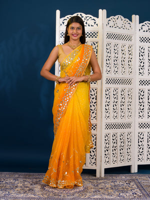 Yellow saree with white patterns Chiffon Bandhani Style With Gotapatti Work Saree