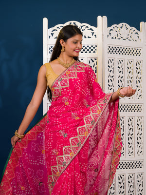 Georgette Bandhani Style Fabric with Sequin Embroidery Work Saree for wedding