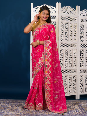 Georgette Bandhani Style Fabric with Sequin Embroidery Work Saree for wedding
