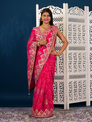 Georgette Bandhani Style Fabric with Sequin Embroidery Work Saree for wedding