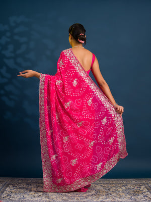 By Bandhani Saree With Elegant Peturn Work