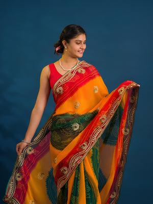By Bandhani Saree With Embroidery Work