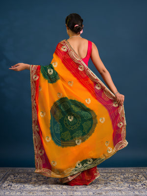 By Bandhani Saree With Embroidery Work