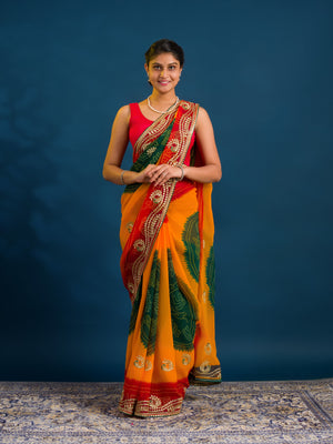 By Bandhani Saree With Embroidery Work