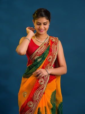 By Bandhani Saree With Embroidery Work